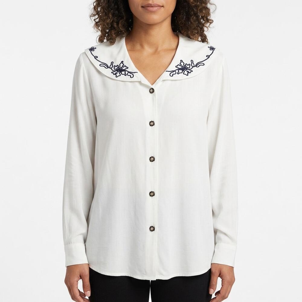 IVY RN53001 Made in USA Embroidered Pleated Button Blouse Women Size M